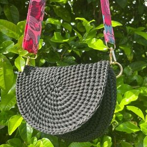Black Woven Shoulder Bag with Pink Floral Strap